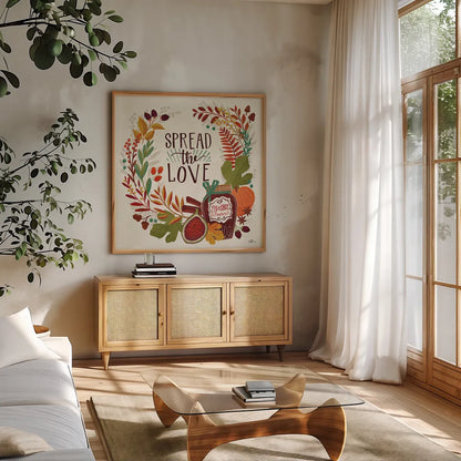 Spread the Love II by Janelle Penner. Shown in a natural wood frame in a cozy modern living room. Available as an archival giclee rolled canvas, fine art paper, or poster print. SKU 48958a.