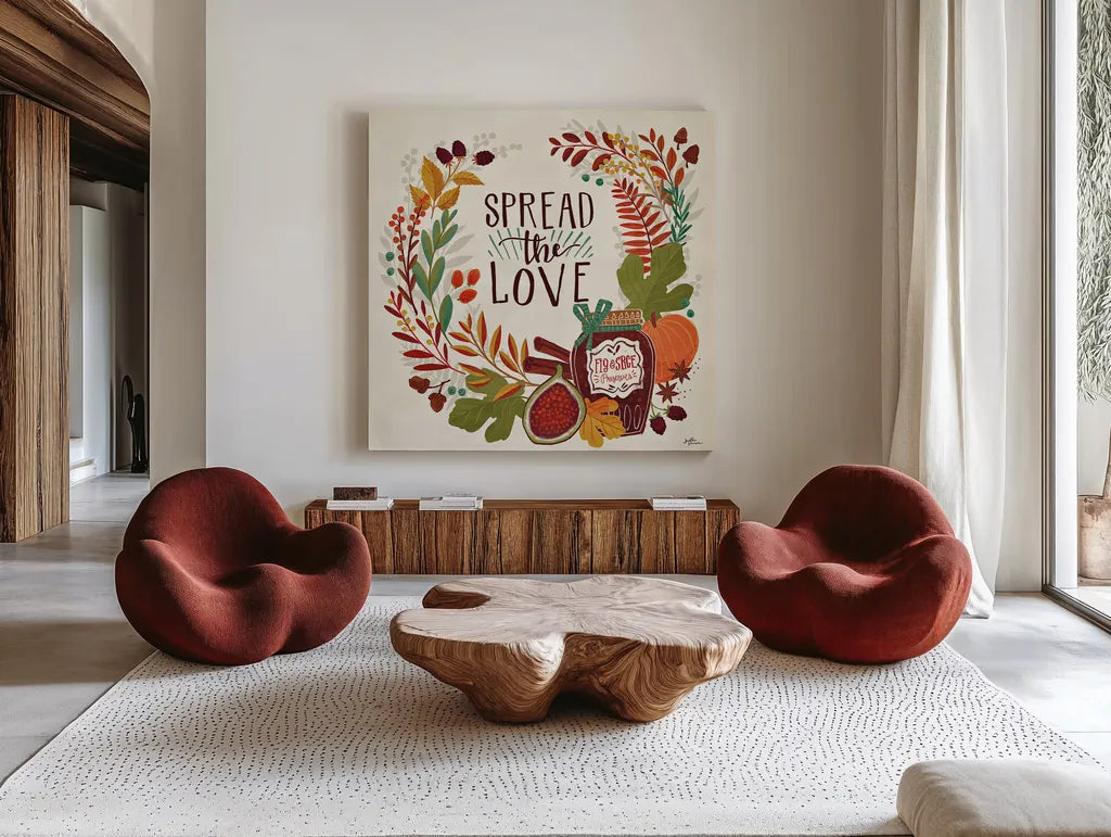 Spread the Love II by Janelle Penner. Shown as extra-large giant wall art in a modern living room. Available as an archival giclee rolled canvas, fine art paper, or poster print. SKU 48958a.