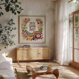 Spread the Love III by Janelle Penner. Shown in a natural wood frame in a cozy modern living room. Available as an archival giclee rolled canvas, fine art paper, or poster print. SKU 48959a.