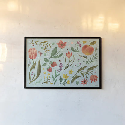 Spring Botanical I by Janelle Penner. shown as a paper print in a black flame. Available as a archival giclee rolled canvas, fine art paper, or poster print. SKU 53477i.