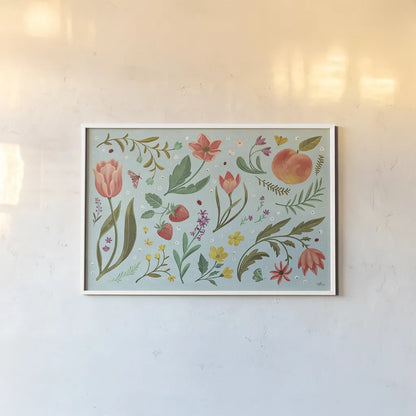 Spring Botanical I by Janelle Penner. shown as a paper print in a white frame. Available as a archival giclee rolled canvas, fine art paper, or poster print. SKU 53477i.