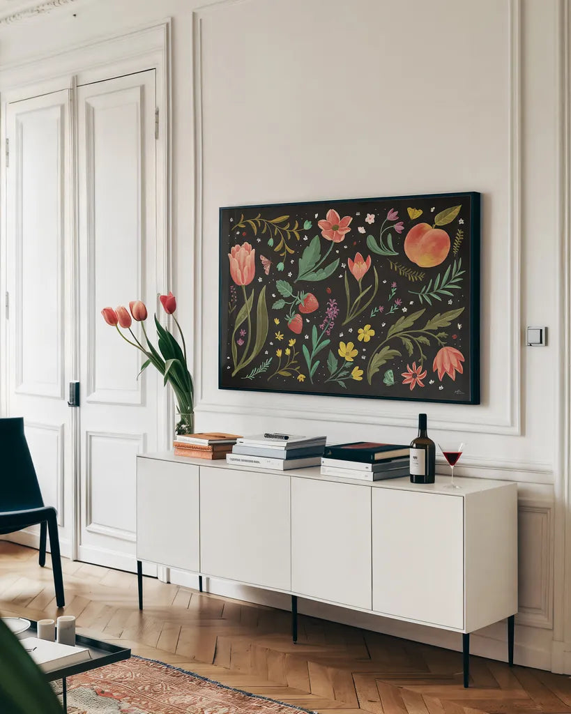 Spring Botanical I Black by Janelle Penner. shown as a framed stretched canvas in a living room above a console. Available as a archival giclee rolled canvas, fine art paper, or poster print. SKU 53483i.