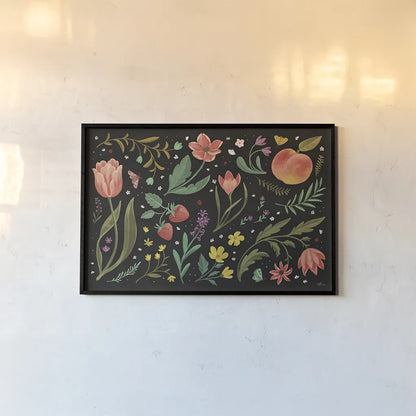 Spring Botanical I Black by Janelle Penner. shown as a paper print in a black flame. Available as a archival giclee rolled canvas, fine art paper, or poster print. SKU 53483i.