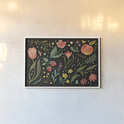 Spring Botanical I Black by Janelle Penner. shown as a paper print in a white frame. Available as a archival giclee rolled canvas, fine art paper, or poster print. SKU 53483i.