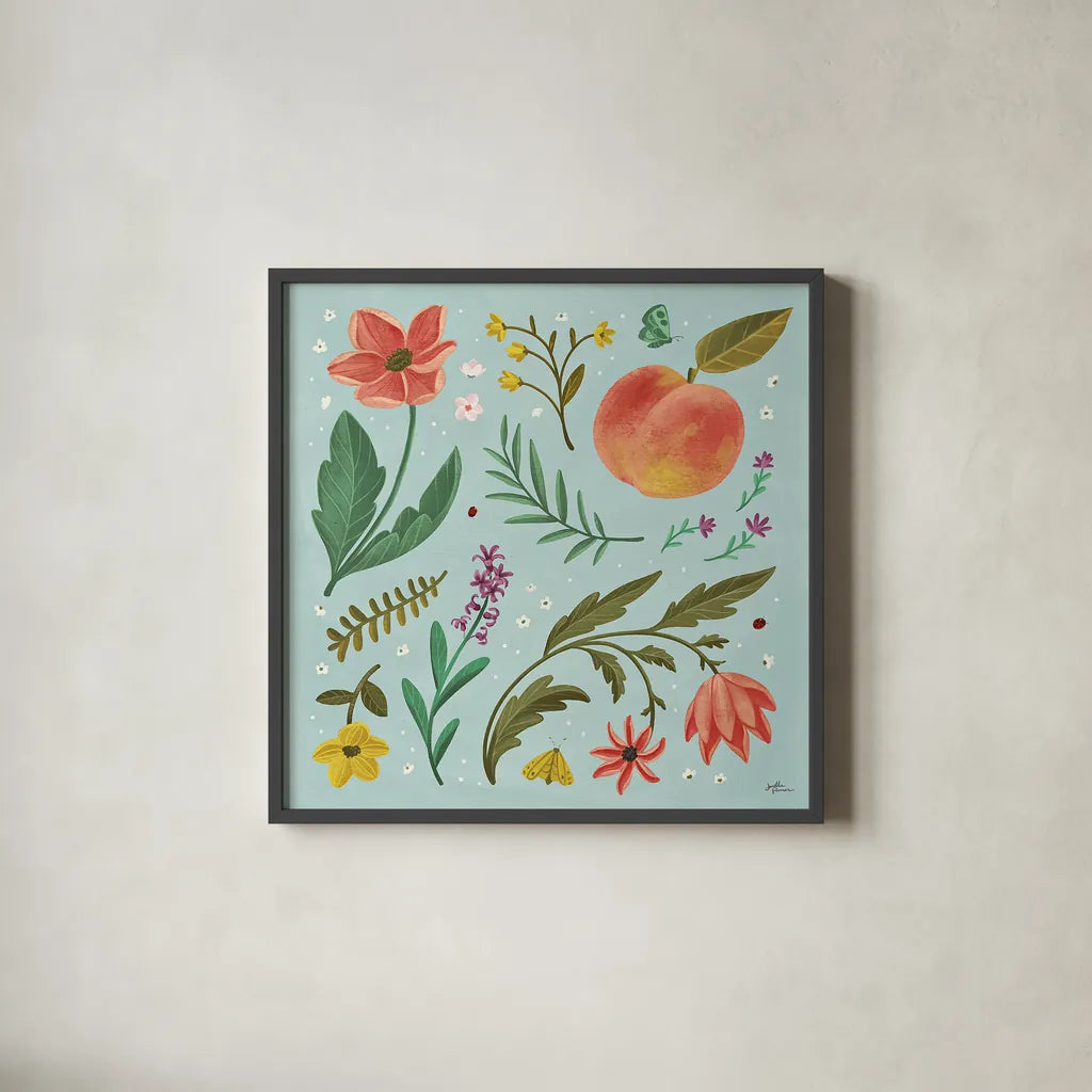Spring Botanical II by Janelle Penner. Shown in a sleek black glass frame for a contemporary gallery look. Available as an archival giclee rolled canvas, fine art paper, or poster print. SKU 53478a.