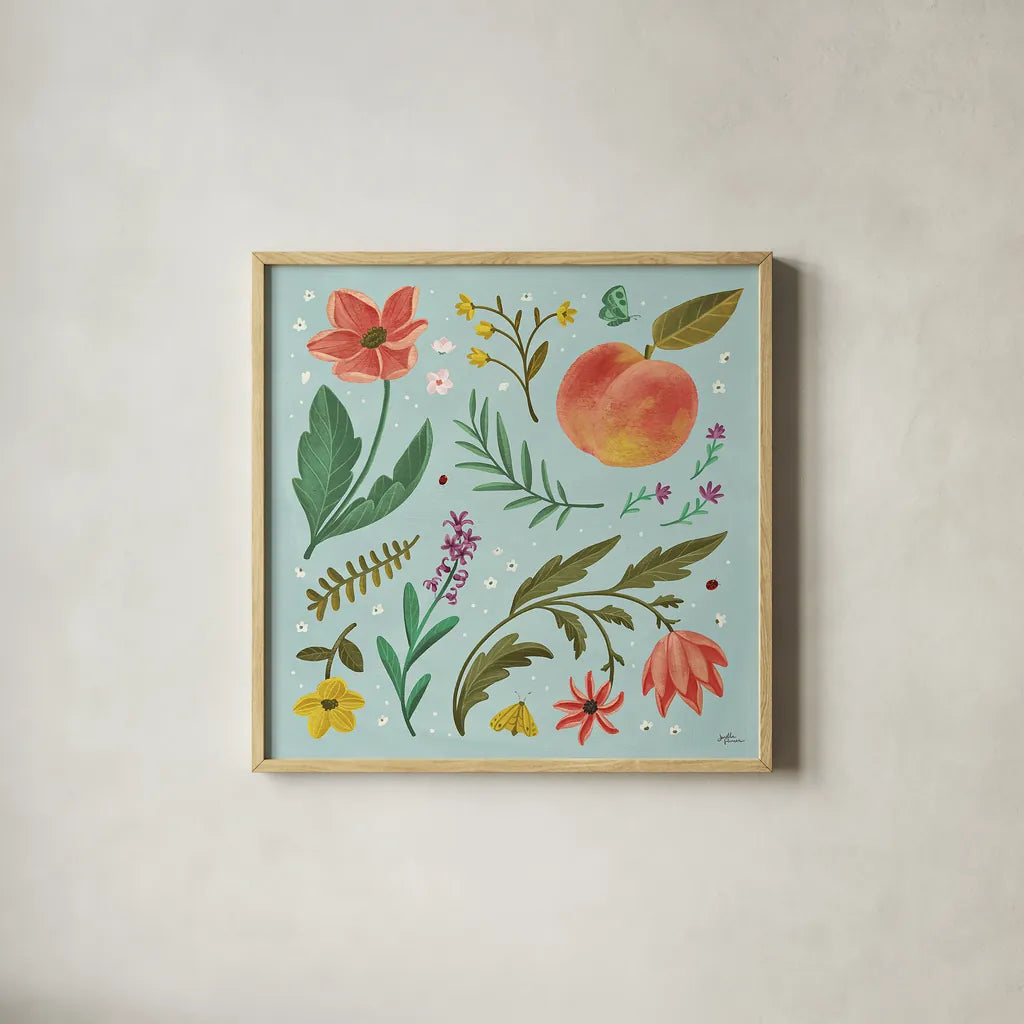 Spring Botanical II by Janelle Penner. Shown in a natural wood glass frame for a timeless modern aesthetic. Available as an archival giclee rolled canvas, fine art paper, or poster print. SKU 53478a.