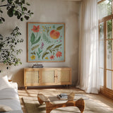 Spring Botanical II by Janelle Penner. Shown in a natural wood frame in a cozy modern living room. Available as an archival giclee rolled canvas, fine art paper, or poster print. SKU 53478a.