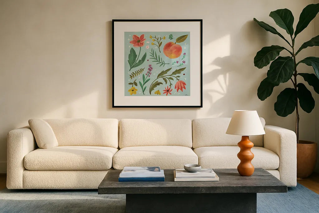Spring Botanical II by Janelle Penner. Displayed in a glass frame with matte in a clean modern living room. Available as an archival giclee rolled canvas, fine art paper, or poster print. SKU 53478a.