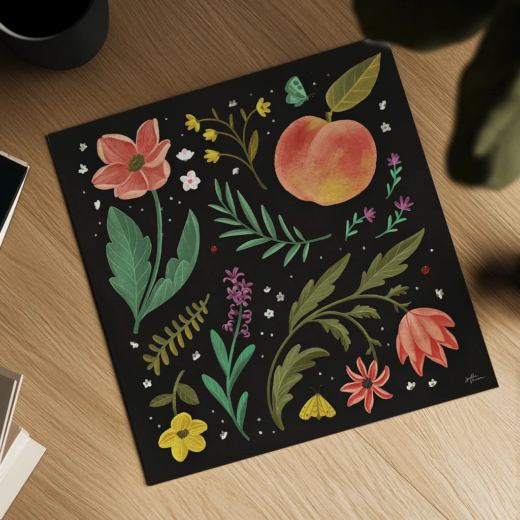 Spring Botanical II Black by Janelle Penner. Shown as a detailed flat fine art print, highlighting archival giclee quality. Available as an archival giclee rolled canvas, fine art paper, or poster print. SKU 53484a.