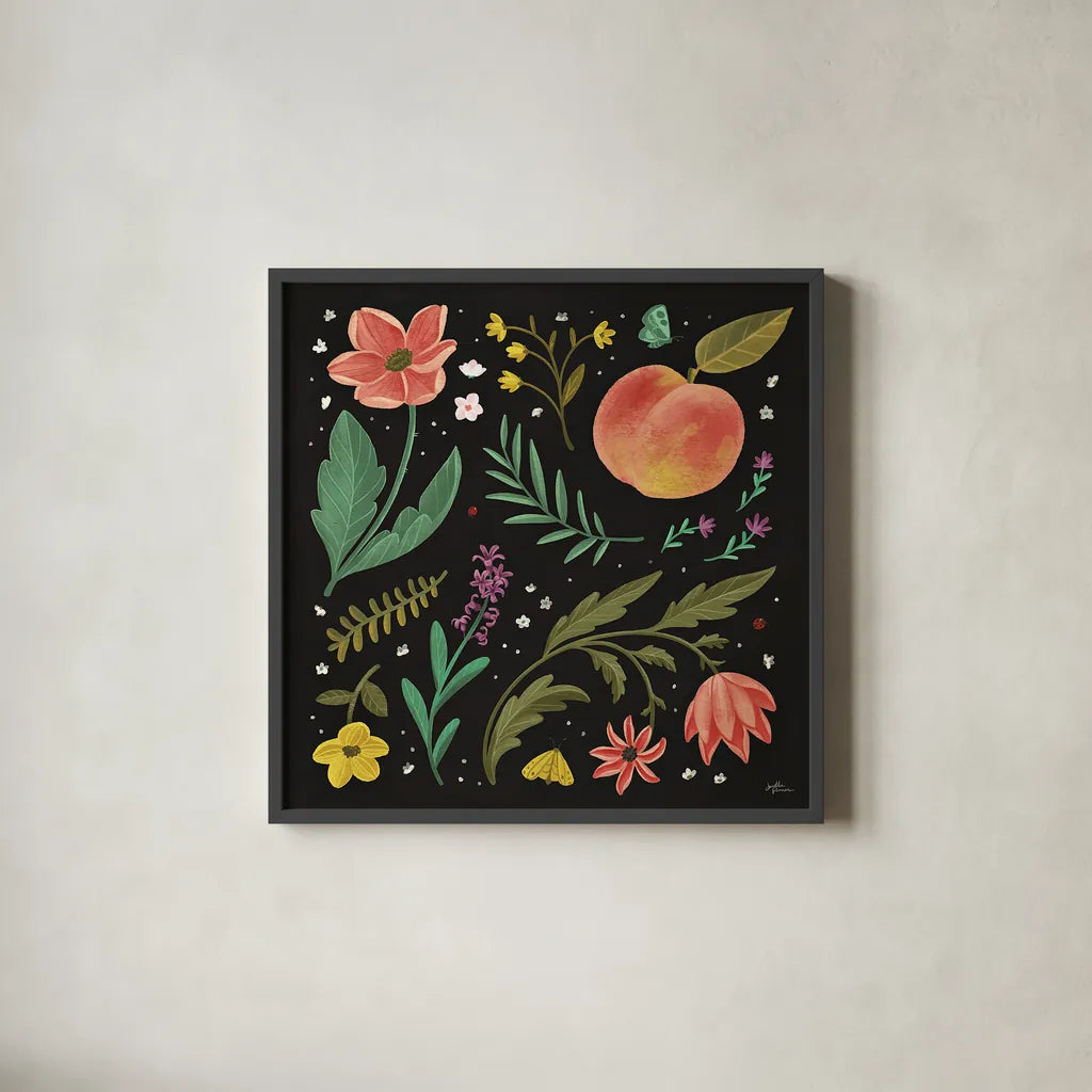 Spring Botanical II Black by Janelle Penner. Shown in a sleek black glass frame for a contemporary gallery look. Available as an archival giclee rolled canvas, fine art paper, or poster print. SKU 53484a.