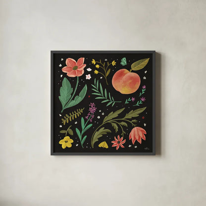 Spring Botanical II Black by Janelle Penner. Shown in a sleek black glass frame for a contemporary gallery look. Available as an archival giclee rolled canvas, fine art paper, or poster print. SKU 53484a.
