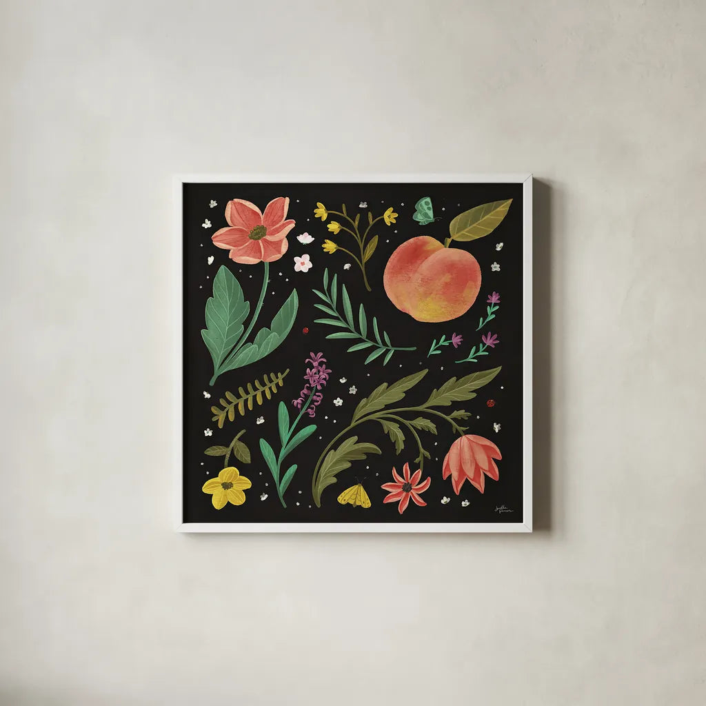 Spring Botanical II Black by Janelle Penner. Shown in a crisp white glass frame for a clean and minimalist style. Available as an archival giclee rolled canvas, fine art paper, or poster print. SKU 53484a.
