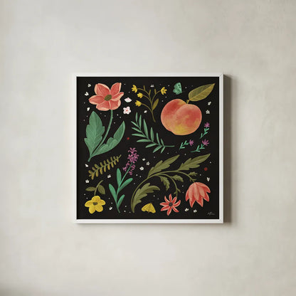 Spring Botanical II Black by Janelle Penner. Shown in a crisp white glass frame for a clean and minimalist style. Available as an archival giclee rolled canvas, fine art paper, or poster print. SKU 53484a.