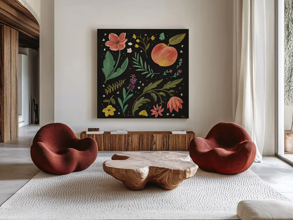 Spring Botanical II Black by Janelle Penner. Shown as extra-large giant wall art in a modern living room. Available as an archival giclee rolled canvas, fine art paper, or poster print. SKU 53484a.