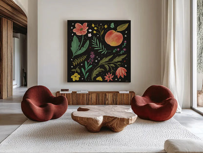 Spring Botanical II Black by Janelle Penner. Shown as extra-large giant wall art in a modern living room. Available as an archival giclee rolled canvas, fine art paper, or poster print. SKU 53484a.