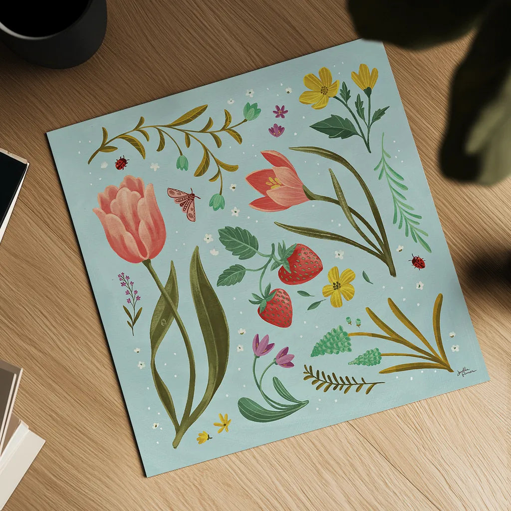 Spring Botanical III by Janelle Penner. Shown as a detailed flat fine art print, highlighting archival giclee quality. Available as an archival giclee rolled canvas, fine art paper, or poster print. SKU 53479a.