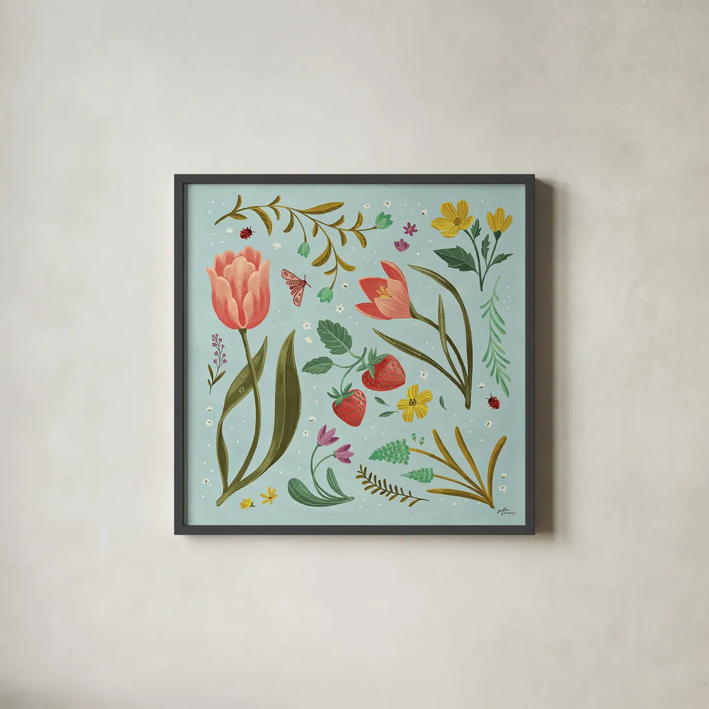 Spring Botanical III by Janelle Penner. Shown in a sleek black glass frame for a contemporary gallery look. Available as an archival giclee rolled canvas, fine art paper, or poster print. SKU 53479a.