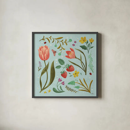 Spring Botanical III by Janelle Penner. Shown in a sleek black glass frame for a contemporary gallery look. Available as an archival giclee rolled canvas, fine art paper, or poster print. SKU 53479a.
