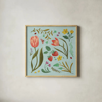 Spring Botanical III by Janelle Penner. Shown in a natural wood glass frame for a timeless modern aesthetic. Available as an archival giclee rolled canvas, fine art paper, or poster print. SKU 53479a.