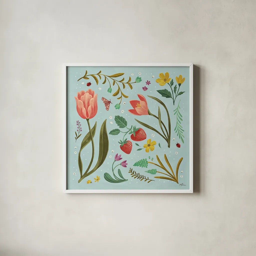 Spring Botanical III by Janelle Penner. Shown in a crisp white glass frame for a clean and minimalist style. Available as an archival giclee rolled canvas, fine art paper, or poster print. SKU 53479a.