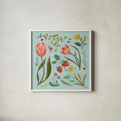 Spring Botanical III by Janelle Penner. Shown in a crisp white glass frame for a clean and minimalist style. Available as an archival giclee rolled canvas, fine art paper, or poster print. SKU 53479a.