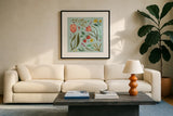 Spring Botanical III by Janelle Penner. Displayed in a glass frame with matte in a clean modern living room. Available as an archival giclee rolled canvas, fine art paper, or poster print. SKU 53479a.
