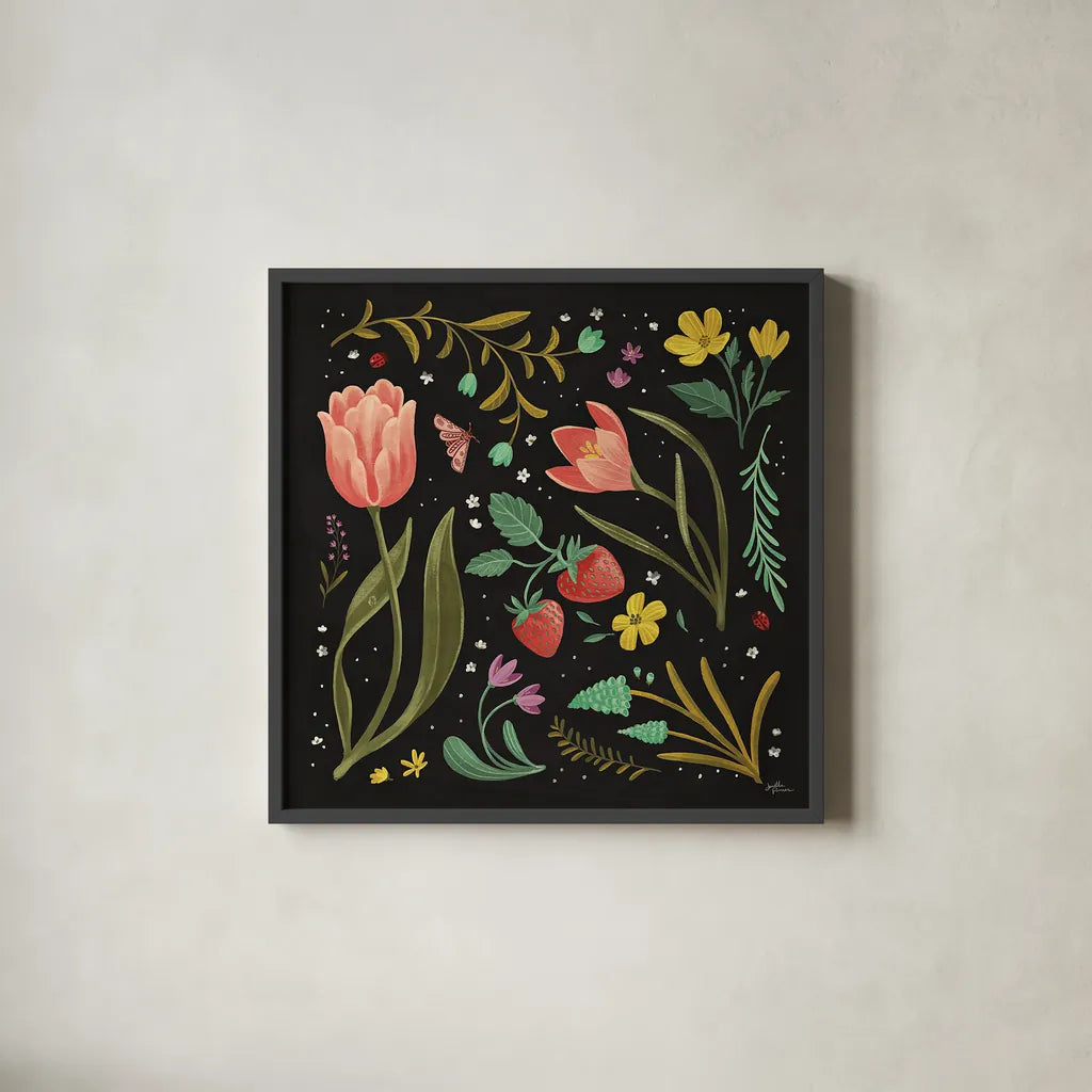 Spring Botanical III Black by Janelle Penner. Shown in a sleek black glass frame for a contemporary gallery look. Available as an archival giclee rolled canvas, fine art paper, or poster print. SKU 53485a.