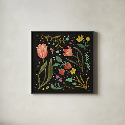 Spring Botanical III Black by Janelle Penner. Shown in a sleek black glass frame for a contemporary gallery look. Available as an archival giclee rolled canvas, fine art paper, or poster print. SKU 53485a.