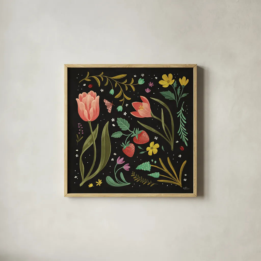 Spring Botanical III Black by Janelle Penner. Shown in a natural wood glass frame for a timeless modern aesthetic. Available as an archival giclee rolled canvas, fine art paper, or poster print. SKU 53485a.