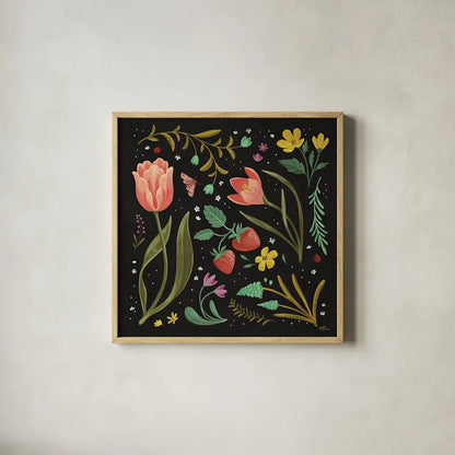 Spring Botanical III Black by Janelle Penner. Shown in a natural wood glass frame for a timeless modern aesthetic. Available as an archival giclee rolled canvas, fine art paper, or poster print. SKU 53485a.