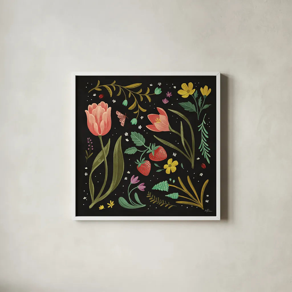 Spring Botanical III Black by Janelle Penner. Shown in a crisp white glass frame for a clean and minimalist style. Available as an archival giclee rolled canvas, fine art paper, or poster print. SKU 53485a.
