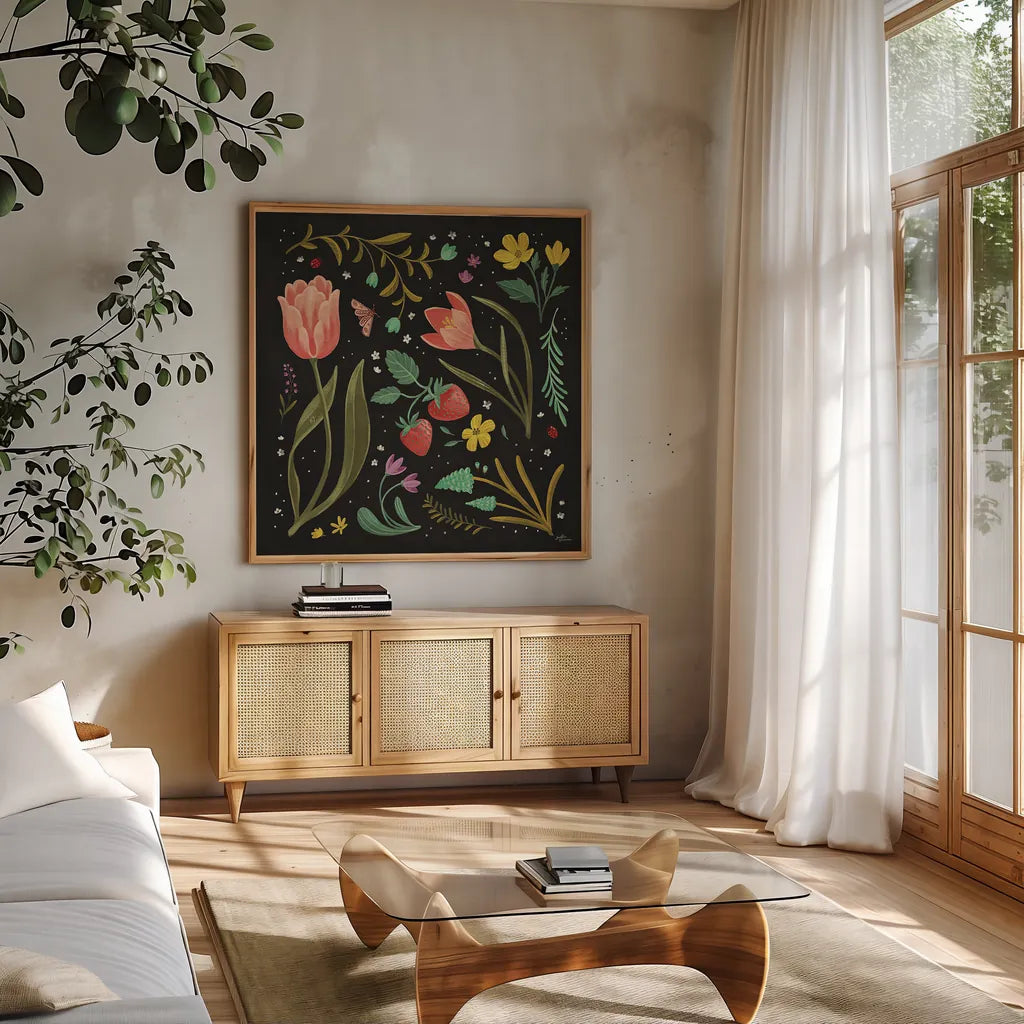Spring Botanical III Black by Janelle Penner. Shown in a natural wood frame in a cozy modern living room. Available as an archival giclee rolled canvas, fine art paper, or poster print. SKU 53485a.