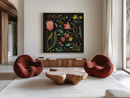Spring Botanical III Black by Janelle Penner. Shown as extra-large giant wall art in a modern living room. Available as an archival giclee rolled canvas, fine art paper, or poster print. SKU 53485a.