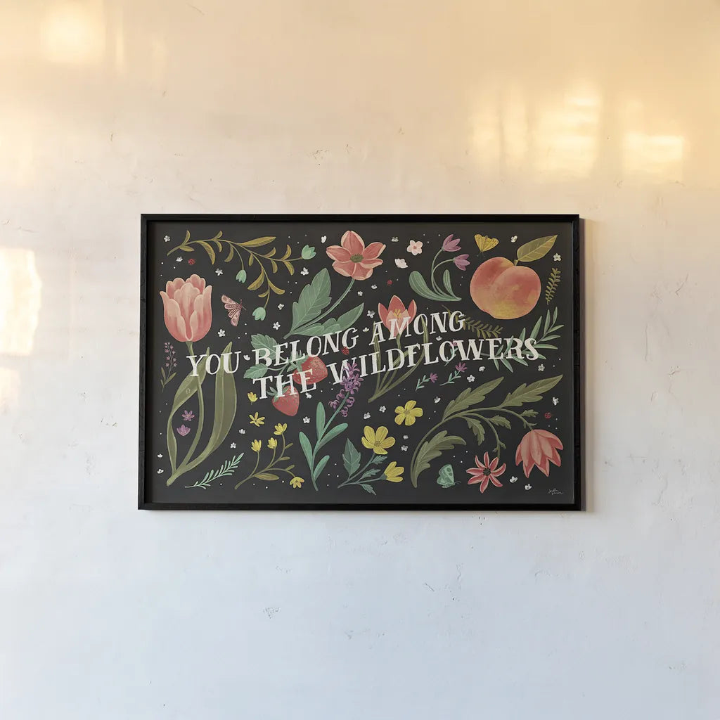 Spring Botanical IV Black by Janelle Penner. shown as a paper print in a black flame. Available as a archival giclee rolled canvas, fine art paper, or poster print. SKU 53486i.