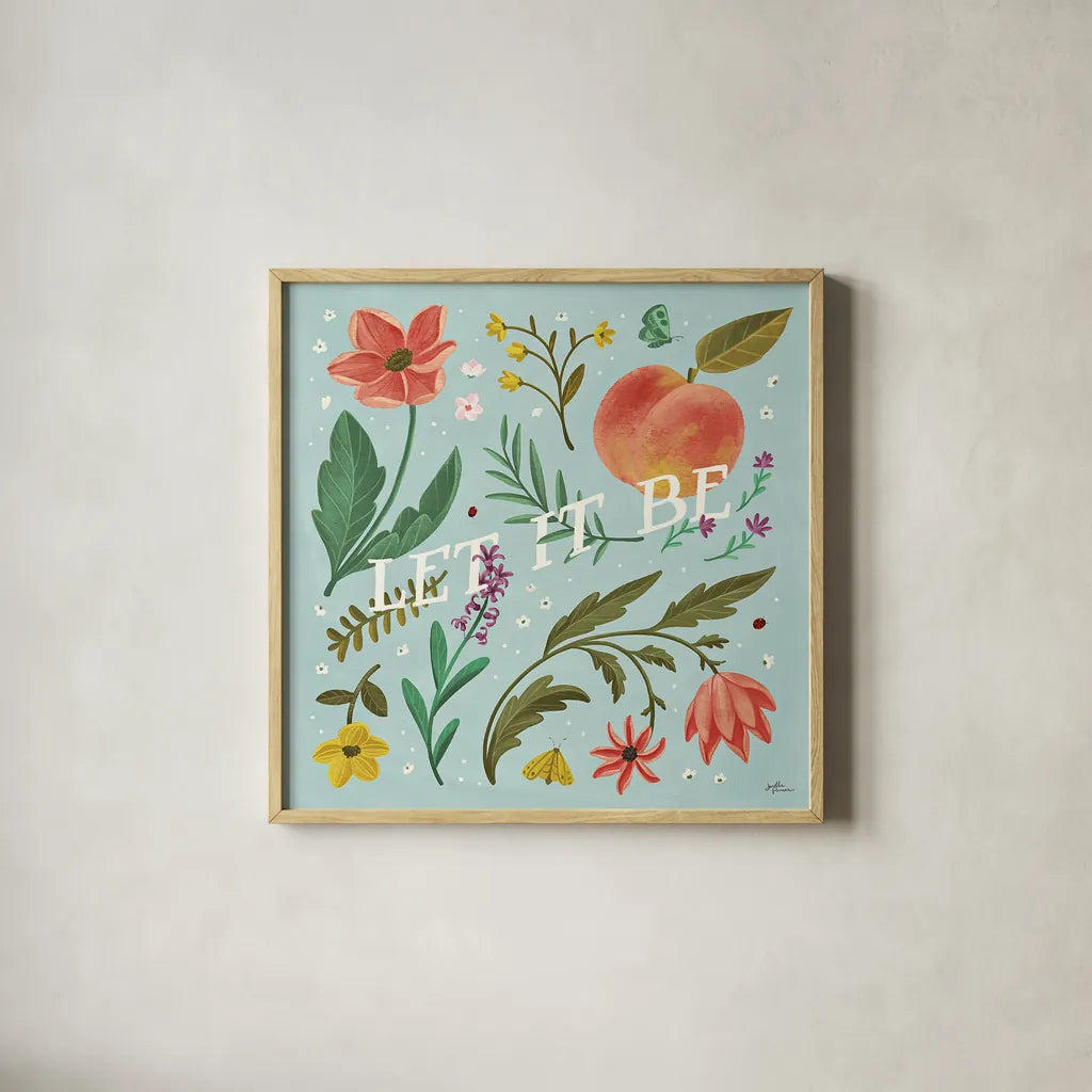 Spring Botanical V by Janelle Penner. Shown in a natural wood glass frame for a timeless modern aesthetic. Available as an archival giclee rolled canvas, fine art paper, or poster print. SKU 53481a.