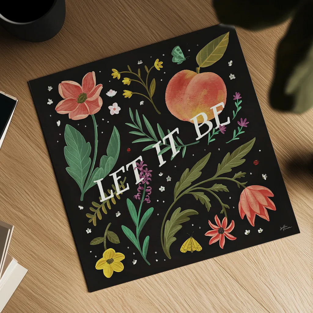 Spring Botanical V Black by Janelle Penner. Shown as a detailed flat fine art print, highlighting archival giclee quality. Available as an archival giclee rolled canvas, fine art paper, or poster print. SKU 53487a.