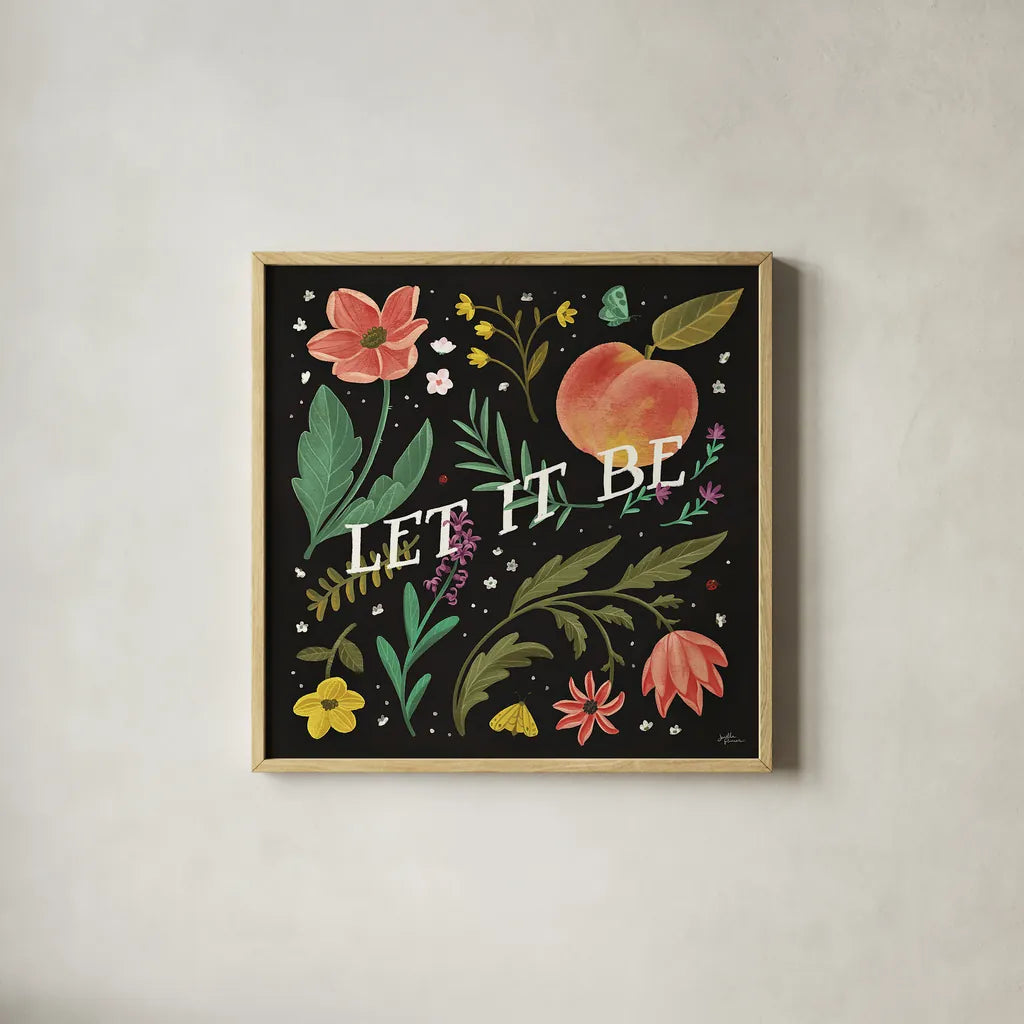 Spring Botanical V Black by Janelle Penner. Shown in a natural wood glass frame for a timeless modern aesthetic. Available as an archival giclee rolled canvas, fine art paper, or poster print. SKU 53487a.