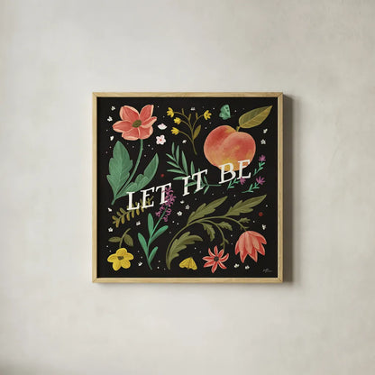 Spring Botanical V Black by Janelle Penner. Shown in a natural wood glass frame for a timeless modern aesthetic. Available as an archival giclee rolled canvas, fine art paper, or poster print. SKU 53487a.