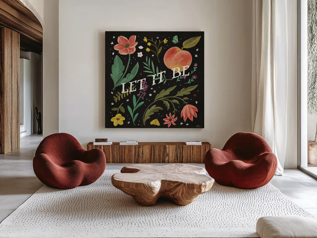 Spring Botanical V Black by Janelle Penner. Shown as extra-large giant wall art in a modern living room. Available as an archival giclee rolled canvas, fine art paper, or poster print. SKU 53487a.