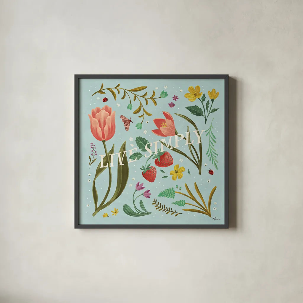 Spring Botanical VI by Janelle Penner. Shown in a sleek black glass frame for a contemporary gallery look. Available as an archival giclee rolled canvas, fine art paper, or poster print. SKU 53482a.