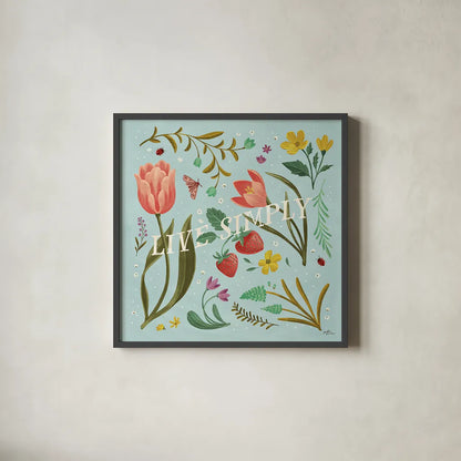 Spring Botanical VI by Janelle Penner. Shown in a sleek black glass frame for a contemporary gallery look. Available as an archival giclee rolled canvas, fine art paper, or poster print. SKU 53482a.