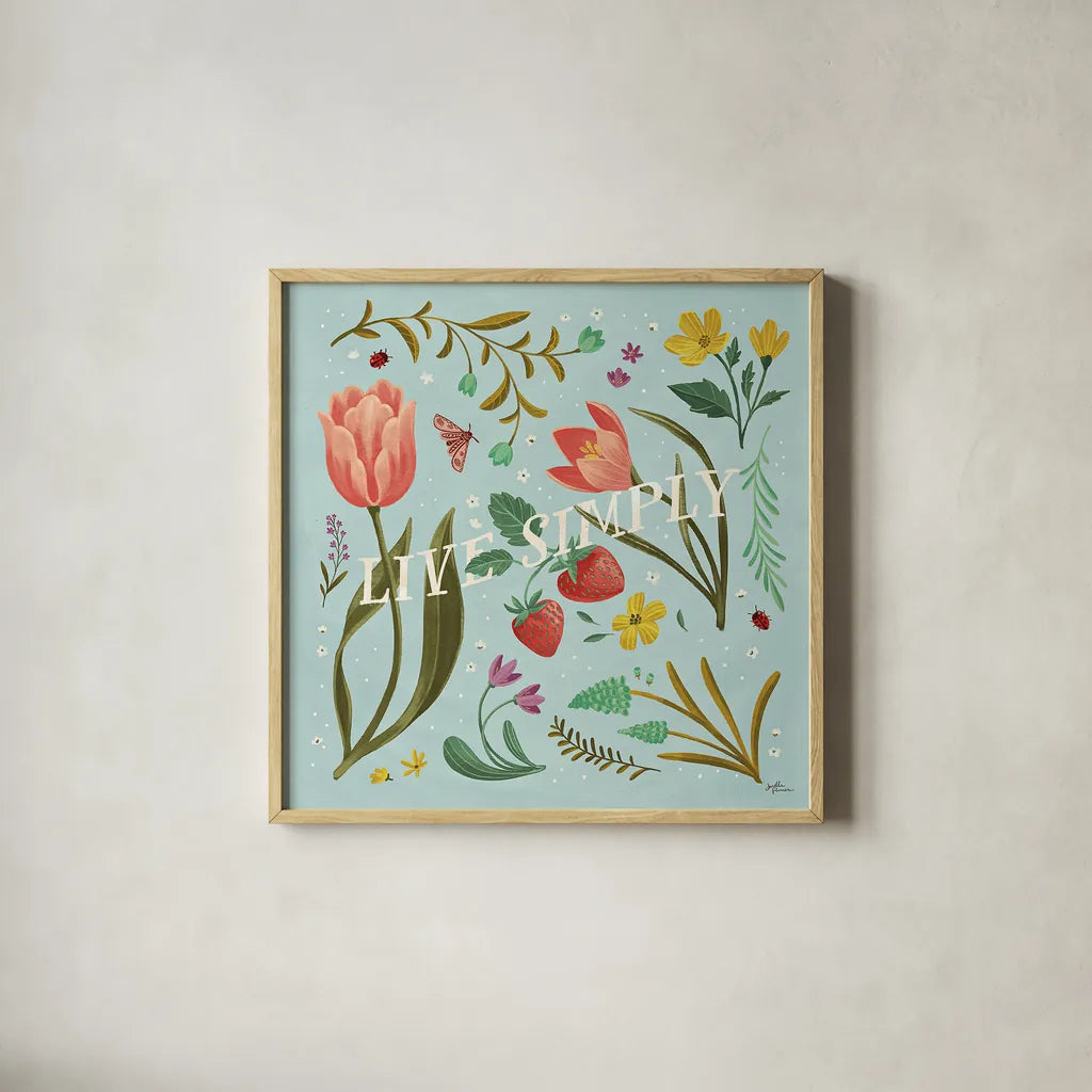 Spring Botanical VI by Janelle Penner. Shown in a natural wood glass frame for a timeless modern aesthetic. Available as an archival giclee rolled canvas, fine art paper, or poster print. SKU 53482a.