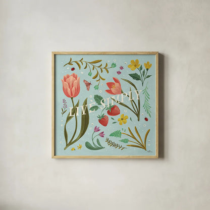 Spring Botanical VI by Janelle Penner. Shown in a natural wood glass frame for a timeless modern aesthetic. Available as an archival giclee rolled canvas, fine art paper, or poster print. SKU 53482a.
