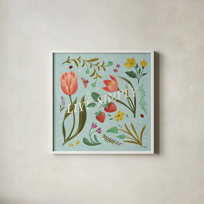 Spring Botanical VI by Janelle Penner. Shown in a crisp white glass frame for a clean and minimalist style. Available as an archival giclee rolled canvas, fine art paper, or poster print. SKU 53482a.