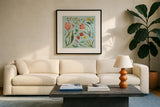 Spring Botanical VI by Janelle Penner. Displayed in a glass frame with matte in a clean modern living room. Available as an archival giclee rolled canvas, fine art paper, or poster print. SKU 53482a.