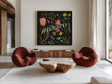 Spring Botanical VI Black by Janelle Penner. Shown as extra-large giant wall art in a modern living room. Available as an archival giclee rolled canvas, fine art paper, or poster print. SKU 53488a.
