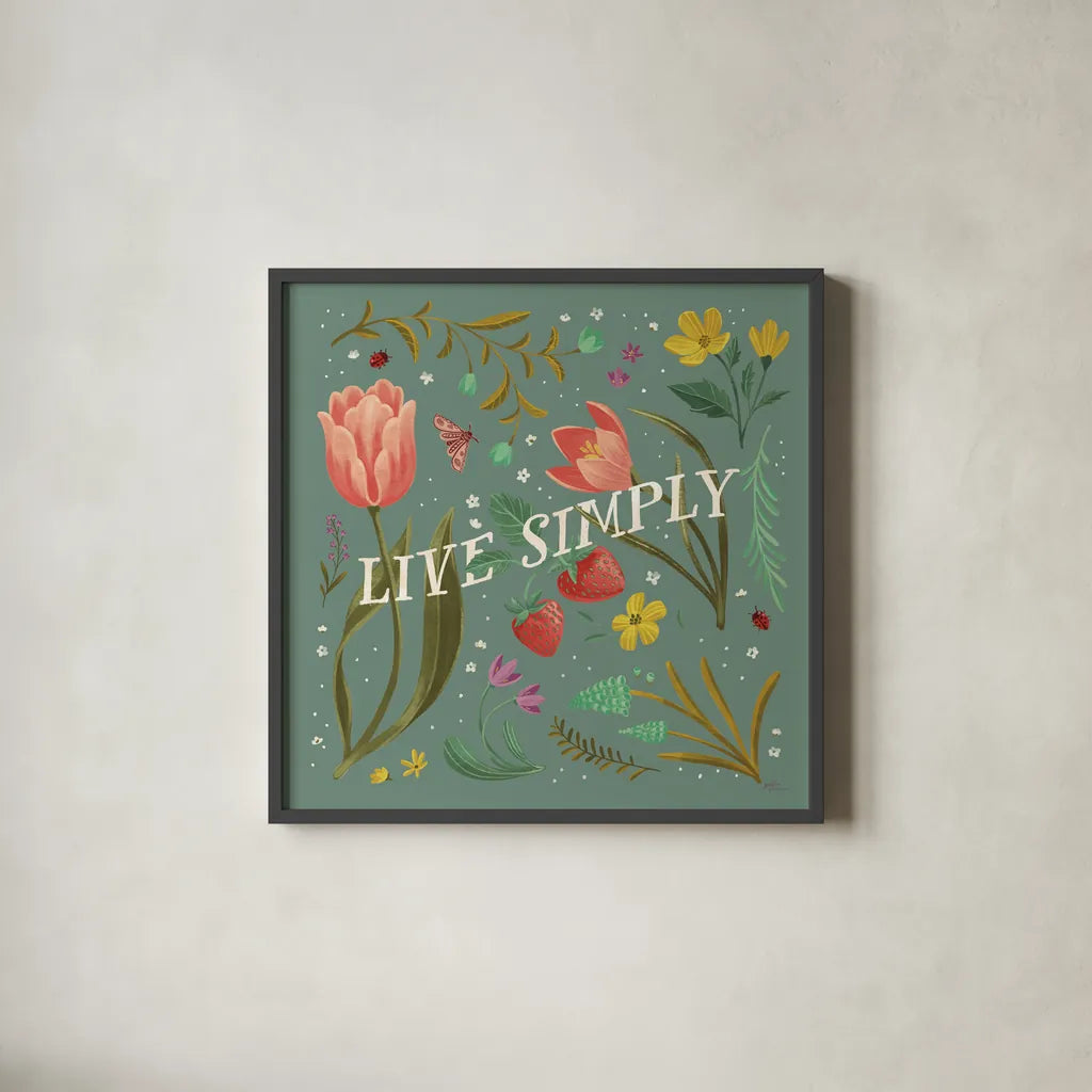 Spring Botanicals VI Sage by Janelle Penner. Shown in a sleek black glass frame for a contemporary gallery look. Available as an archival giclee rolled canvas, fine art paper, or poster print. SKU 69173a.