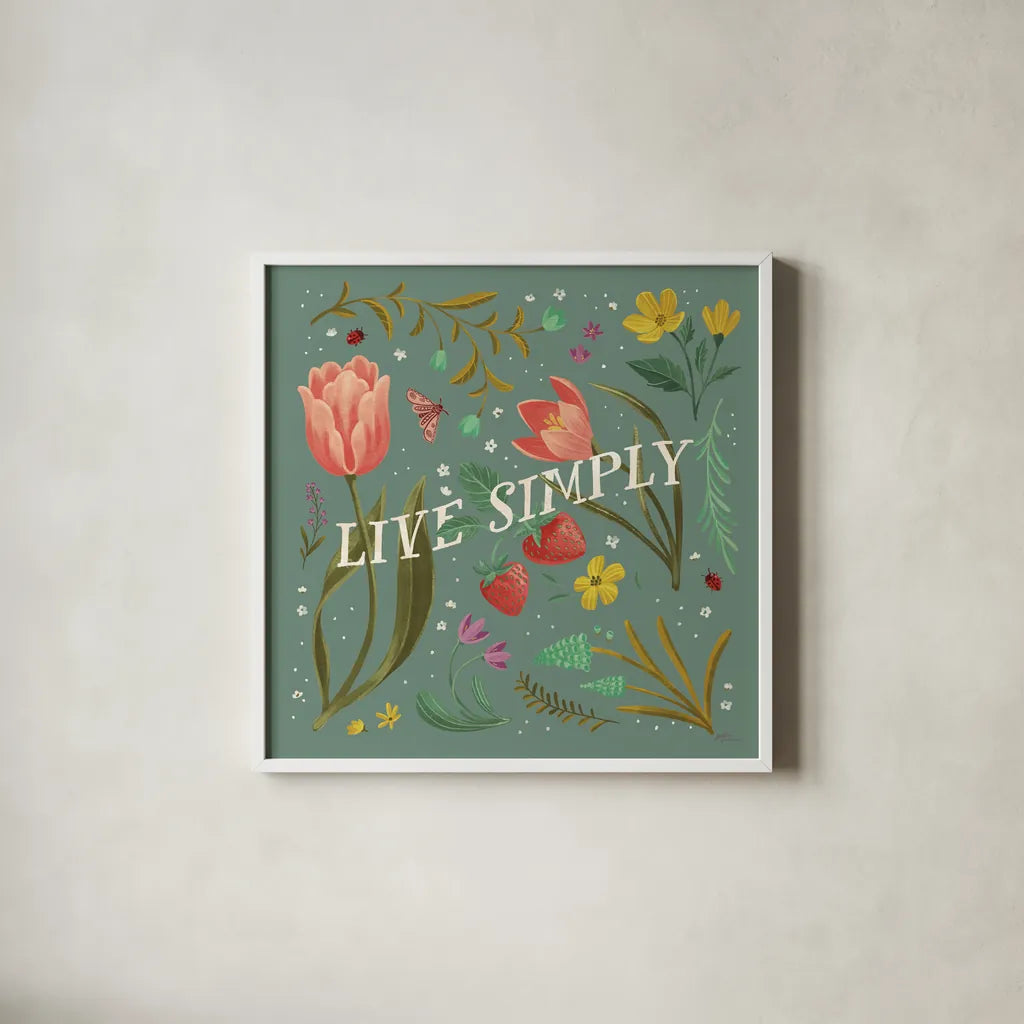 Spring Botanicals VI Sage by Janelle Penner. Shown in a crisp white glass frame for a clean and minimalist style. Available as an archival giclee rolled canvas, fine art paper, or poster print. SKU 69173a.