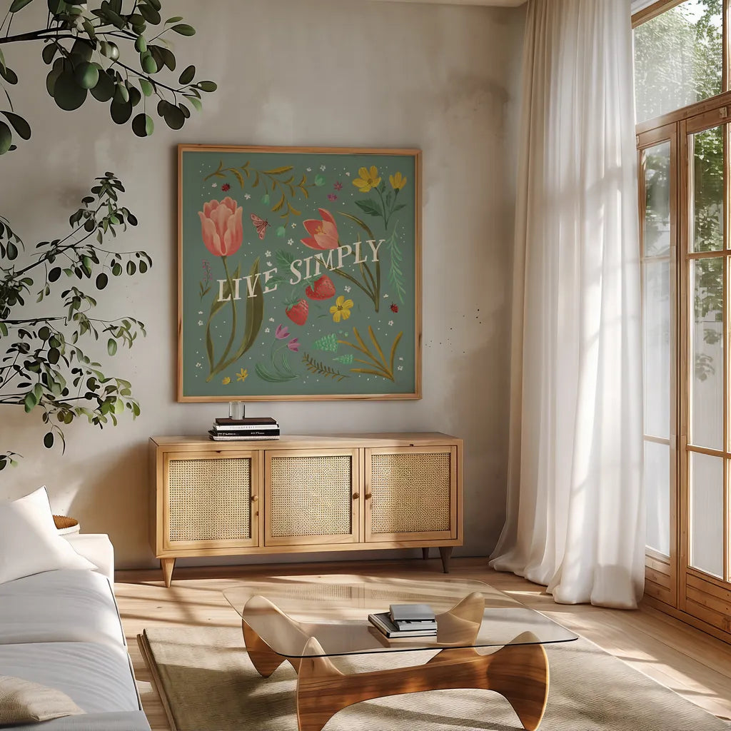 Spring Botanicals VI Sage by Janelle Penner. Shown in a natural wood frame in a cozy modern living room. Available as an archival giclee rolled canvas, fine art paper, or poster print. SKU 69173a.