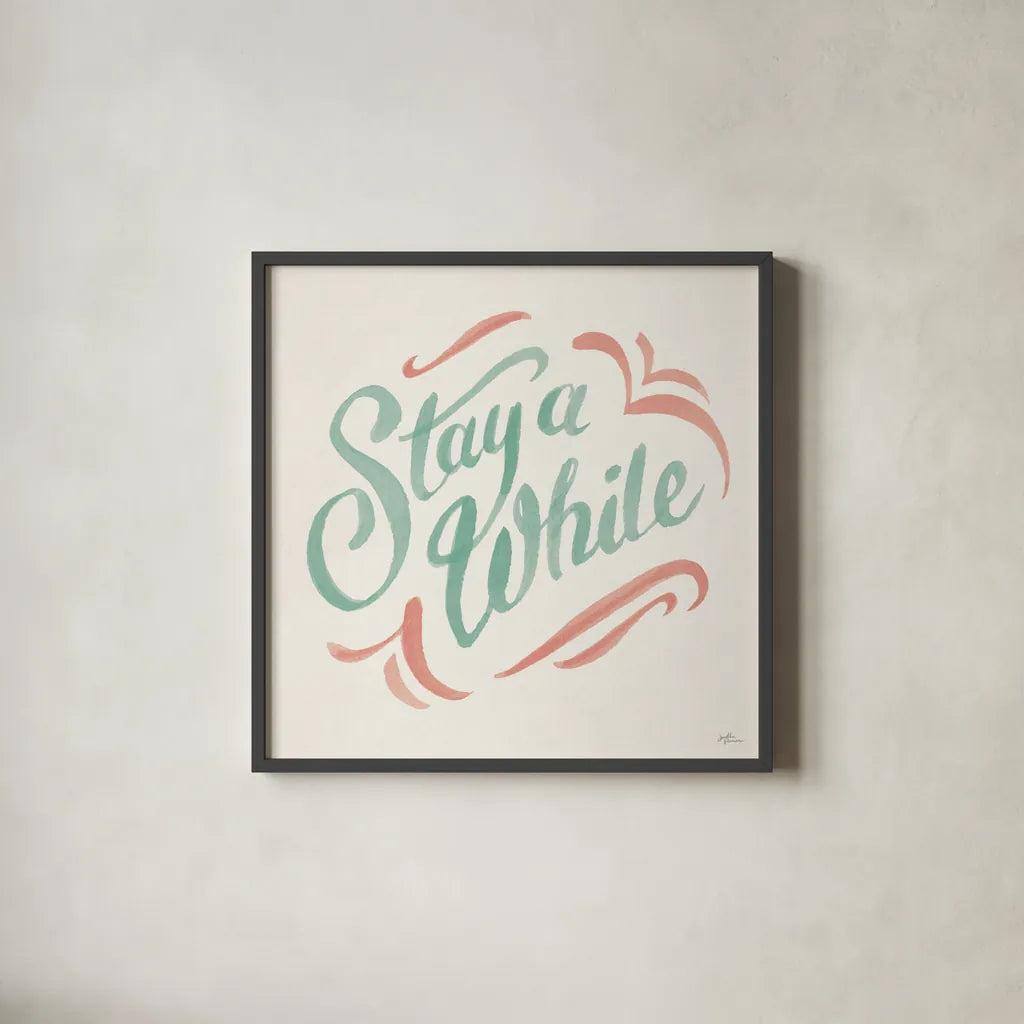 Stay A While I by Janelle Penner. Shown in a sleek black glass frame for a contemporary gallery look. Available as an archival giclee rolled canvas, fine art paper, or poster print. SKU 62279a.
